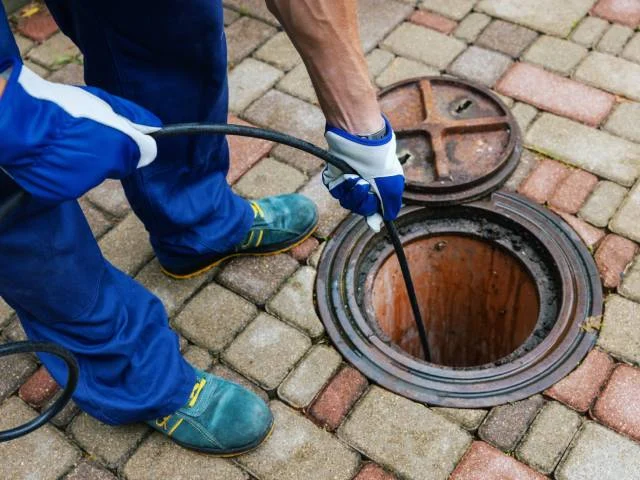 A technician feeding a drain cleaning cable into a sewer cleanout.