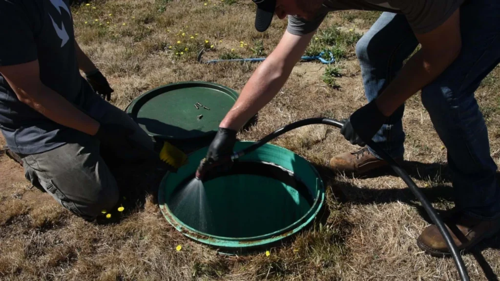 A gloved technician rinsing the effluent filter inside a septic tank.