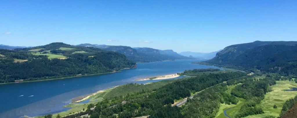 The Columbia River Gorge seen from a high overlook on a clear day.