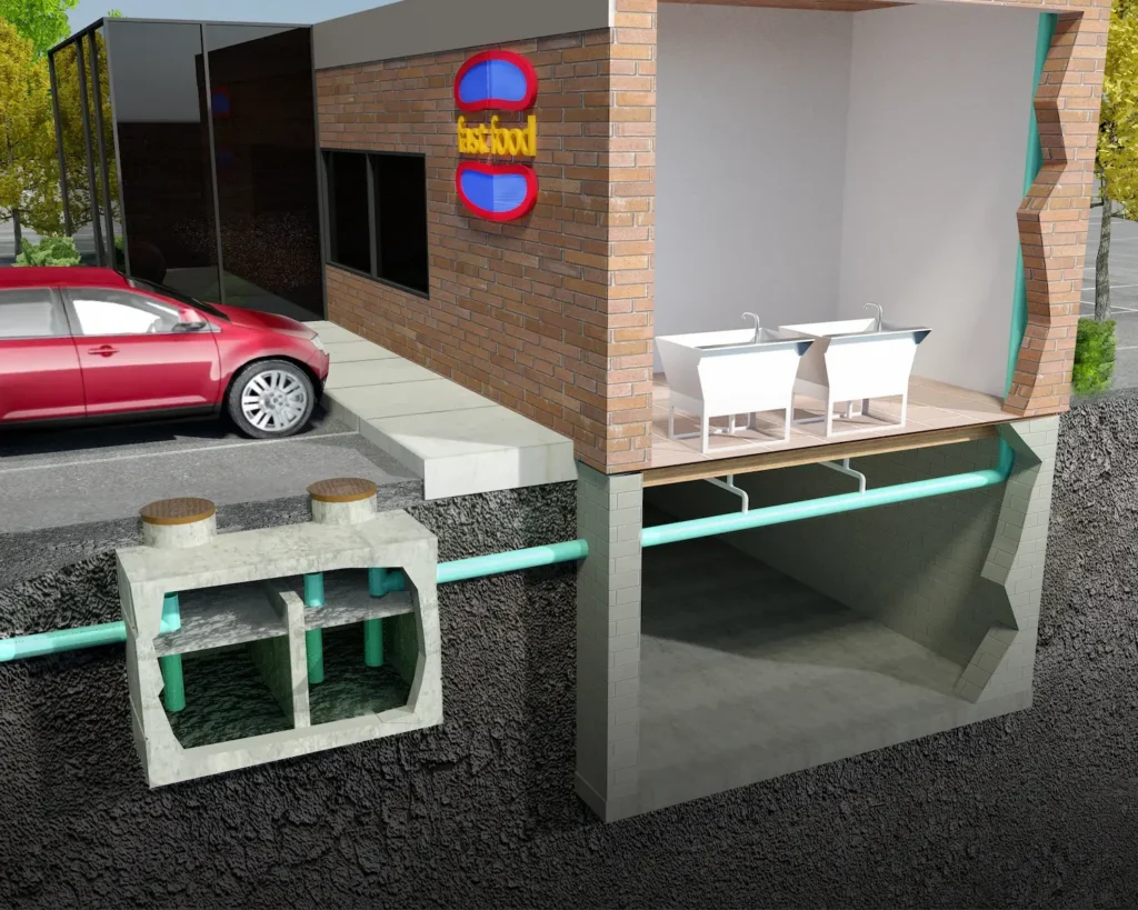 A cutaway drawing of a restaurant grease interceptor buried beside the building.