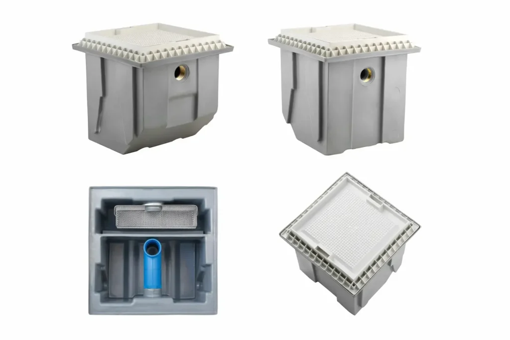 Four styles of commercial grease trap units.