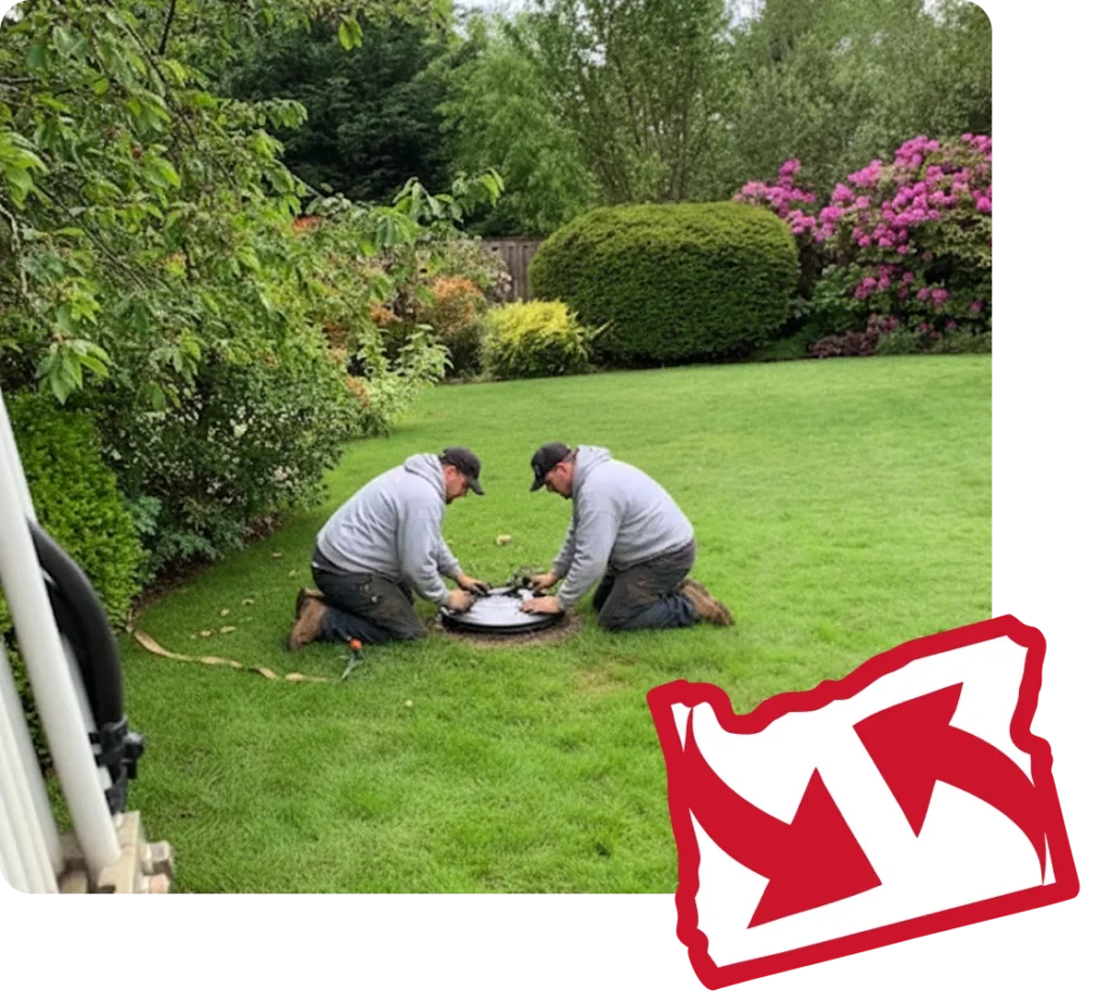 Two technicians kneeling at an open septic lid in a garden.