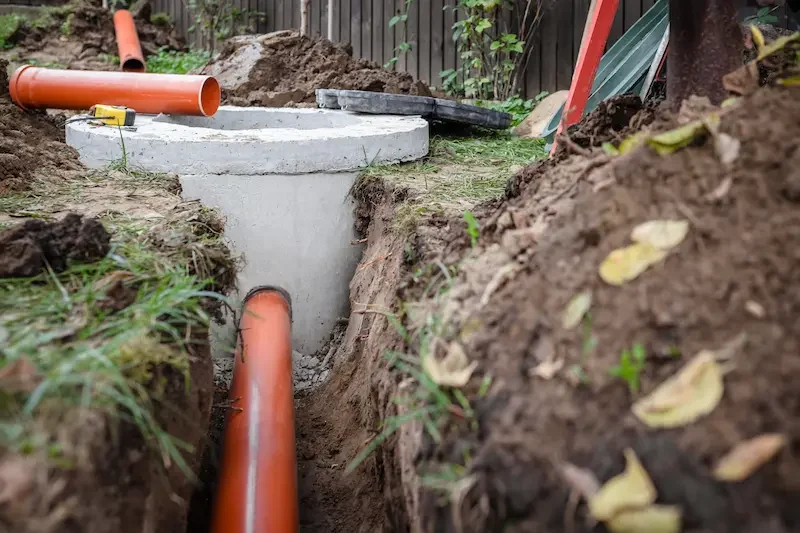A new septic riser and orange drain pipe set into a freshly dug trench.